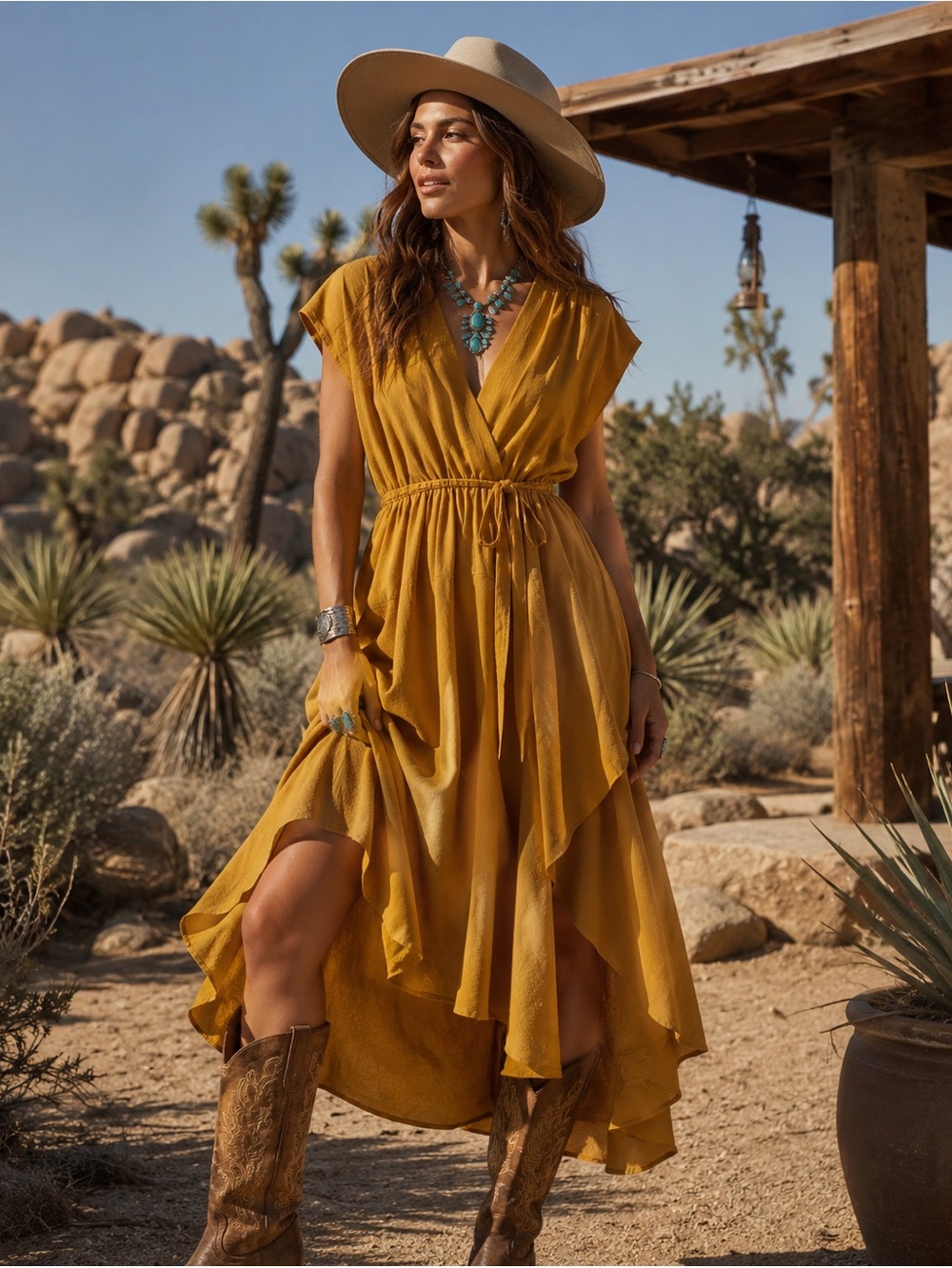 Panache Mustard Midi Tiered Dress Sz 6 Fall Boho Cap sleeves Flowy Airy